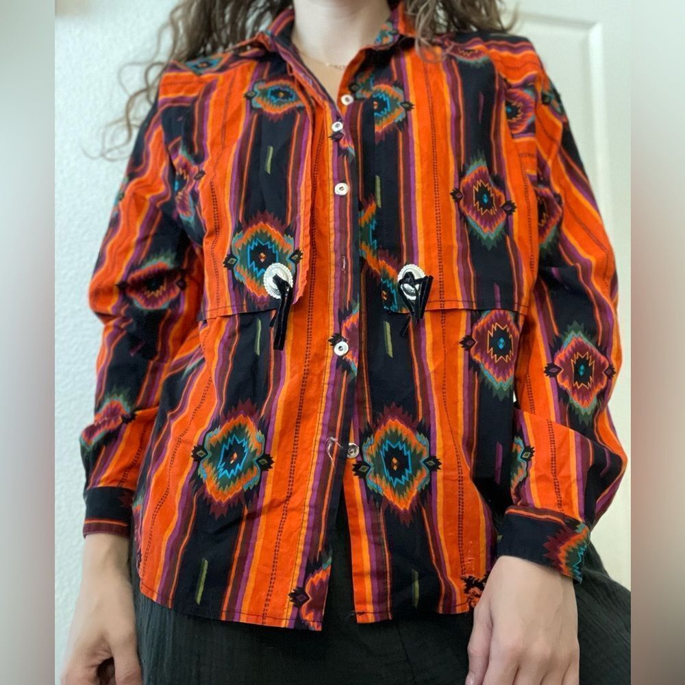 Vintage 70s Circle T Southwestern Aztec Button Down Shirt‎ Sz Medium Orange